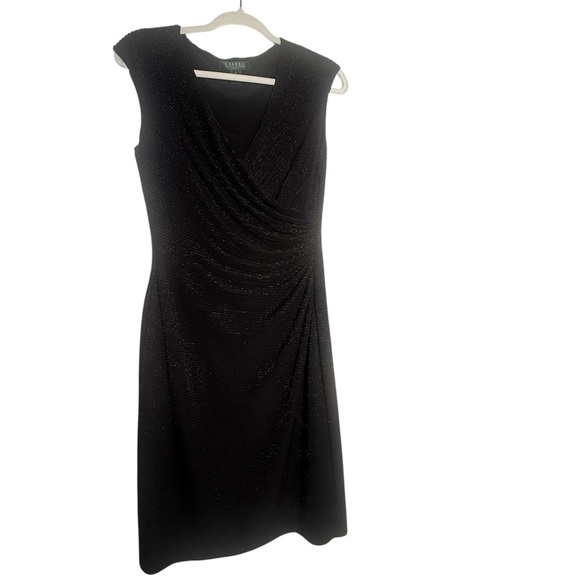 Lauren Ralph Lauren Black faux wrap Textured Mini Dress size 4 Ruching Classy - Picture 1 of 10